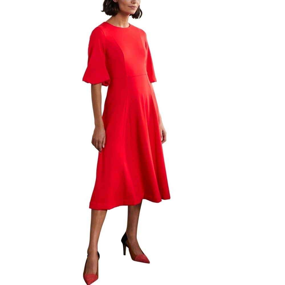 Boden Red Puff Sleeve Fit & Flare Swing Midi Dress Party Holiday 10P Petite NEW